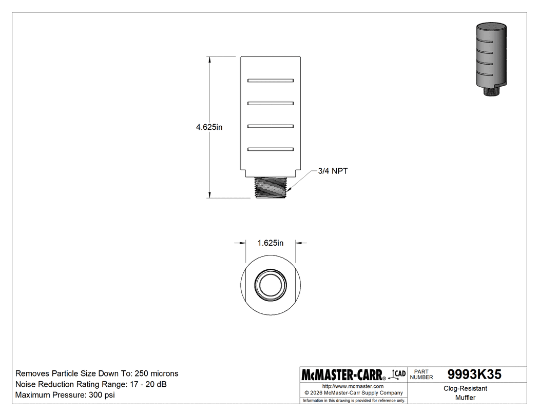 Technical Drawing of Clog-Resistant Muffler, with 3/4 NPT Male Aluminum Fitting.